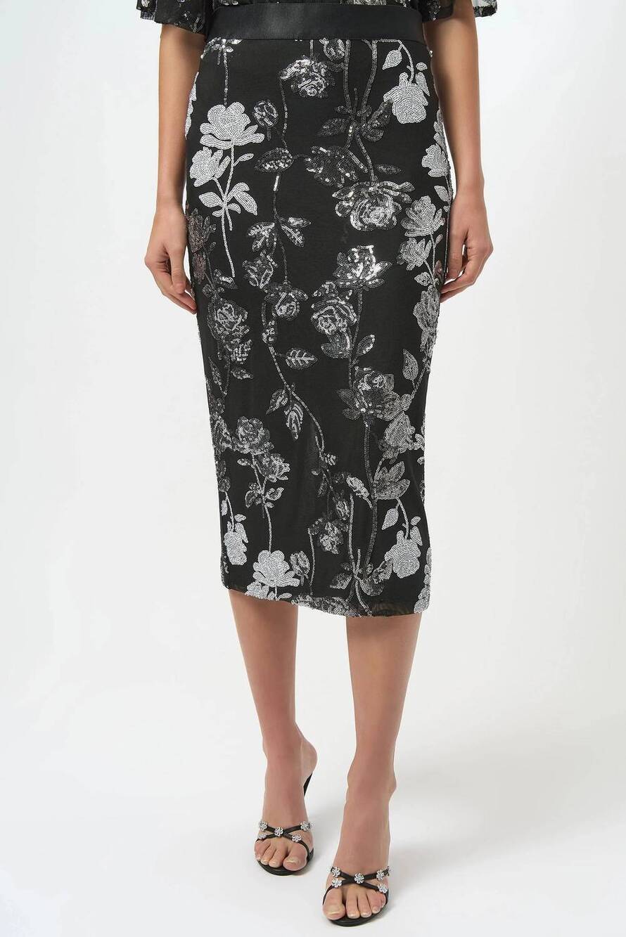 NEW JOSEPH RIBKOFF sequined floral mesh midi pencil skirt in black/multi